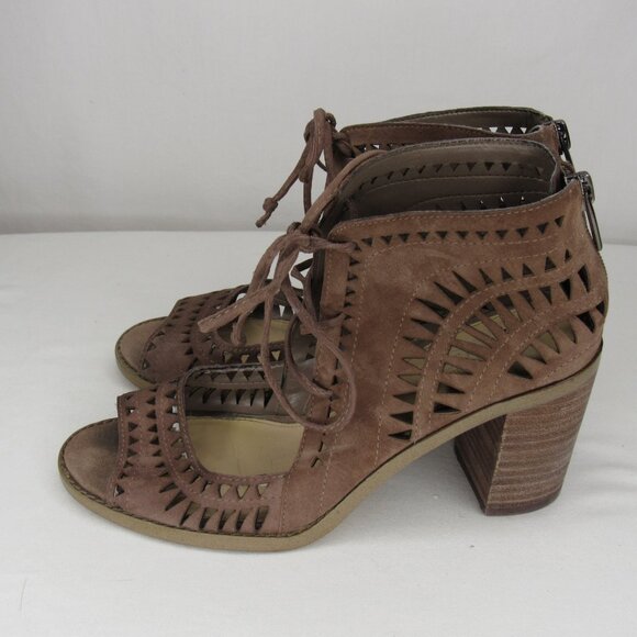 Vince Camuto Tan Suede Leather TARITA Sandal Cut Out Stacked Heel Women's 5.5 - Picture 3 of 10